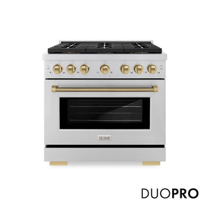 ZLINE Autograph Edition 36 in. 5.2 cu. ft. Paramount Gas Range with 6 Burner DuoPro™ Cooktop and Convection Gas Oven in Stainless Steel with Champagne Bronze Helix Handle and Accents (PSGRZ-36-KCB) main image.