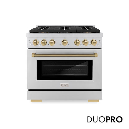 ZLINE Autograph Edition 36 in. 5.2 cu. ft. Paramount Gas Range with 6 Burner DuoPro™ Cooktop and Convection Gas Oven in Stainless Steel with Champagne Bronze Helix Handle and Accents (PSGRZ-36-KCB) front, with DuoPro™ logo.