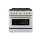 ZLINE Autograph Edition 36 in. 5.2 cu. ft. Paramount Gas Range with 6 Burner DuoPro™ Cooktop and Convection Gas Oven in Stainless Steel with Champagne Bronze Helix Handle and Accents (PSGRZ-36-KCB) front.