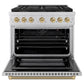 ZLINE Autograph Edition 36 in. 5.2 cu. ft. Paramount Gas Range with 6 Burner DuoPro™ Cooktop and Convection Gas Oven in Stainless Steel with Champagne Bronze Helix Handle and Accents (PSGRZ-36-KCB) front, oven open.