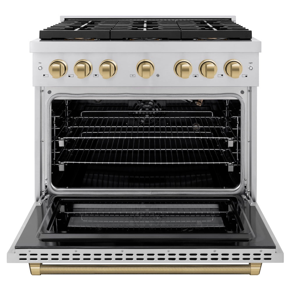 ZLINE Autograph Edition 36 in. 5.2 cu. ft. Paramount Gas Range with 6 Burner DuoPro™ Cooktop and Convection Gas Oven in Stainless Steel with Champagne Bronze Helix Handle and Accents (PSGRZ-36-KCB) front, oven open.