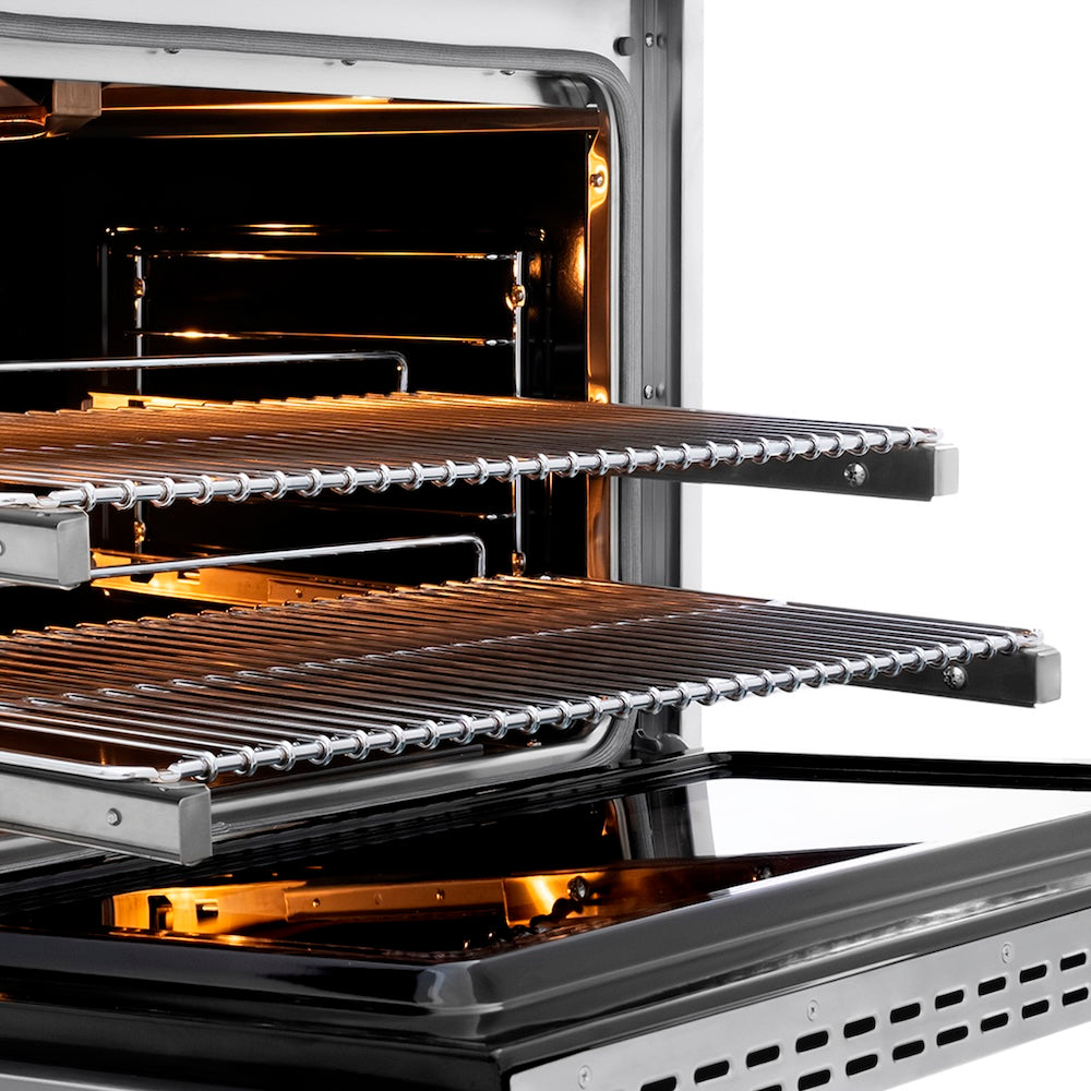 ZLINE Autograph Edition 36 in. 5.2 cu. ft. Paramount Gas Range with 6 Burner DuoPro™ Cooktop and Convection Gas Oven in Stainless Steel with Champagne Bronze Helix Handle and Accents (PSGRZ-36-KCB) side, oven open showing racks extended.