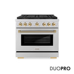 ZLINE Autograph Edition 36 in. 5.2 cu. ft. Paramount Gas Range with 6 Burner DuoPro™ Cooktop and Convection Gas Oven in Stainless Steel with Polished Gold Helix Handle and Accents (PSGRZ-36-KG) front, with DuoPro™ logo.