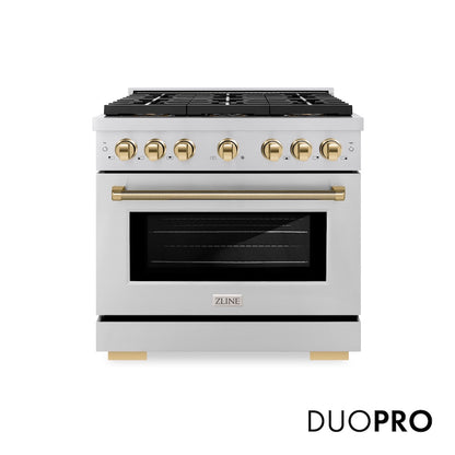 ZLINE Autograph Edition 36 in. 5.2 cu. ft. Paramount Gas Range with 6 Burner DuoPro™ Cooktop and Convection Gas Oven in Stainless Steel with Polished Gold Helix Handle and Accents (PSGRZ-36-KG) front, with DuoPro™ logo.