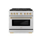 ZLINE Autograph Edition 36 in. 5.2 cu. ft. Paramount Gas Range with 6 Burner DuoPro™ Cooktop and Convection Gas Oven in Stainless Steel with Polished Gold Helix Handle and Accents (PSGRZ-36-KG) front.