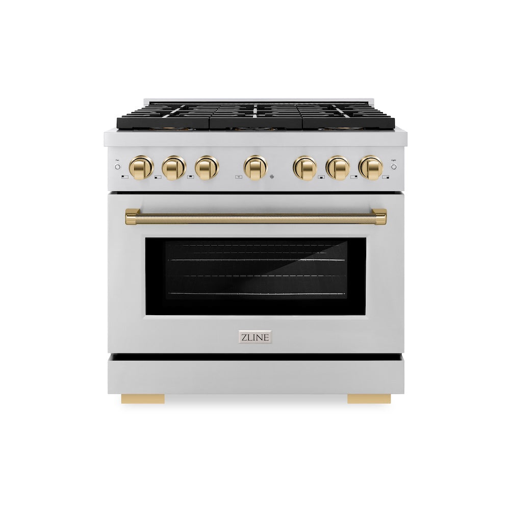ZLINE Autograph Edition 36 in. 5.2 cu. ft. Paramount Gas Range with 6 Burner DuoPro™ Cooktop and Convection Gas Oven in Stainless Steel with Polished Gold Helix Handle and Accents (PSGRZ-36-KG) front.