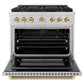ZLINE Autograph Edition 36 in. 5.2 cu. ft. Paramount Gas Range with 6 Burner DuoPro™ Cooktop and Convection Gas Oven in Stainless Steel with Polished Gold Helix Handle and Accents (PSGRZ-36-KG) front, oven open.