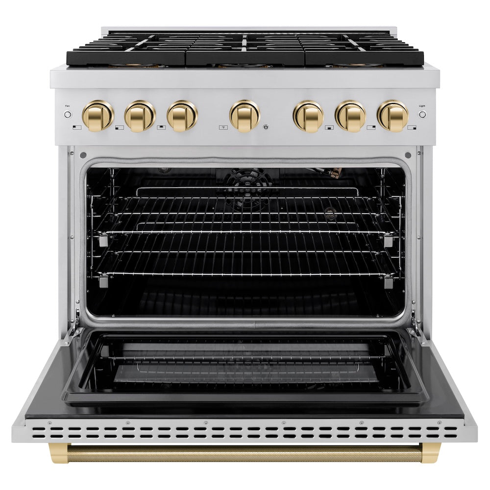ZLINE Autograph Edition 36 in. 5.2 cu. ft. Paramount Gas Range with 6 Burner DuoPro™ Cooktop and Convection Gas Oven in Stainless Steel with Polished Gold Helix Handle and Accents (PSGRZ-36-KG) front, oven open.