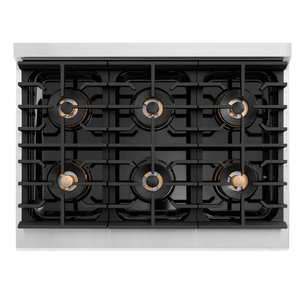 ZLINE Autograph Edition 36 in. 5.2 cu. ft. Paramount Gas Range with 6 Burner DuoPro™ Cooktop and Convection Gas Oven in Stainless Steel with Polished Gold Helix Handle and Accents (PSGRZ-36-KG) top-down, above cooktop.