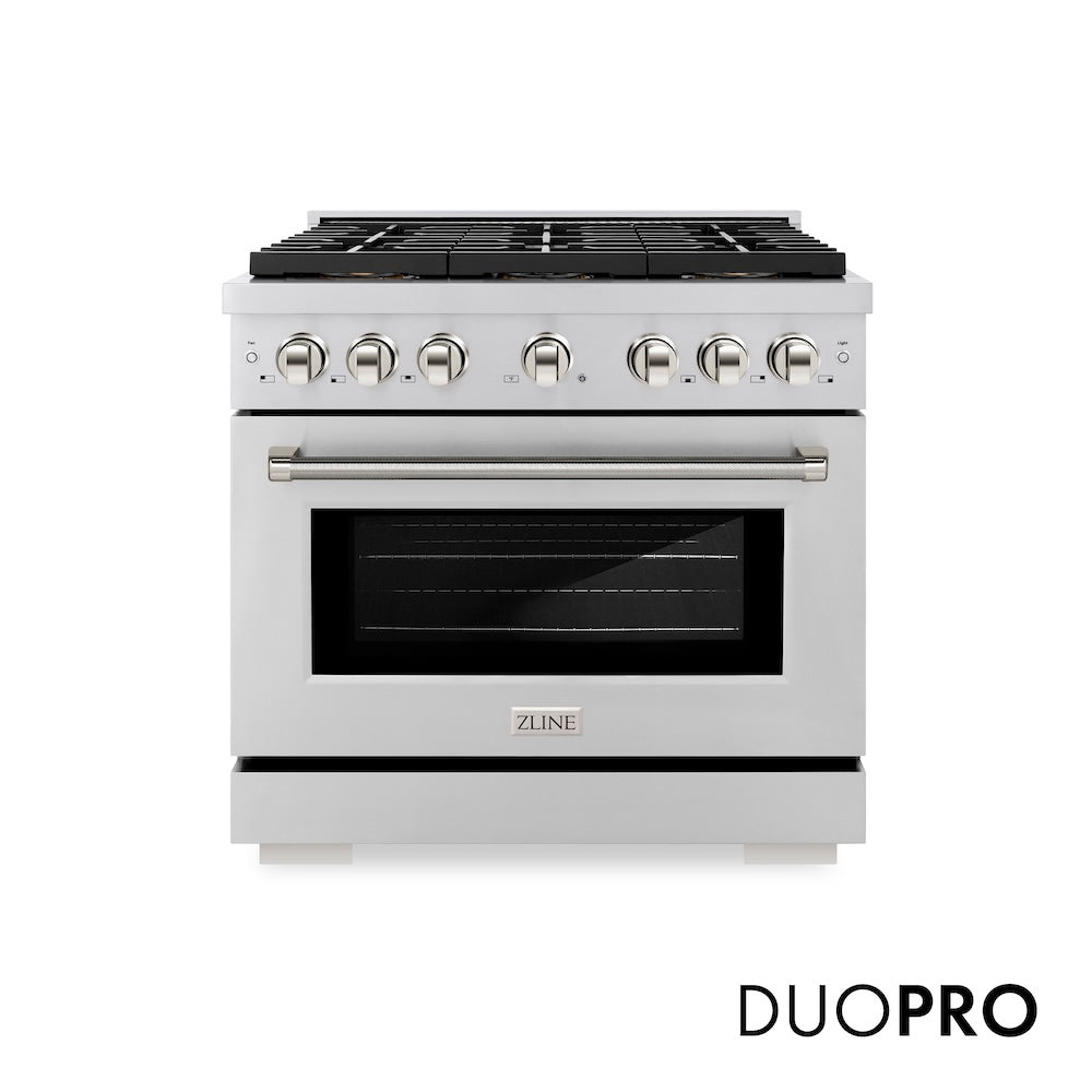 ZLINE Autograph Edition 36 in. 5.2 cu. ft. Paramount Gas Range with 6 Burner DuoPro™ Cooktop and Convection Gas Oven in Stainless Steel with Polished Nickel Helix Handle and Accents (PSGRZ-36-KPN) front, with DuoPro™ logo.