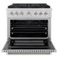 ZLINE Autograph Edition 36 in. 5.2 cu. ft. Paramount Gas Range with 6 Burner DuoPro™ Cooktop and Convection Gas Oven in Stainless Steel with Polished Nickel Helix Handle and Accents (PSGRZ-36-KPN) front, oven open.