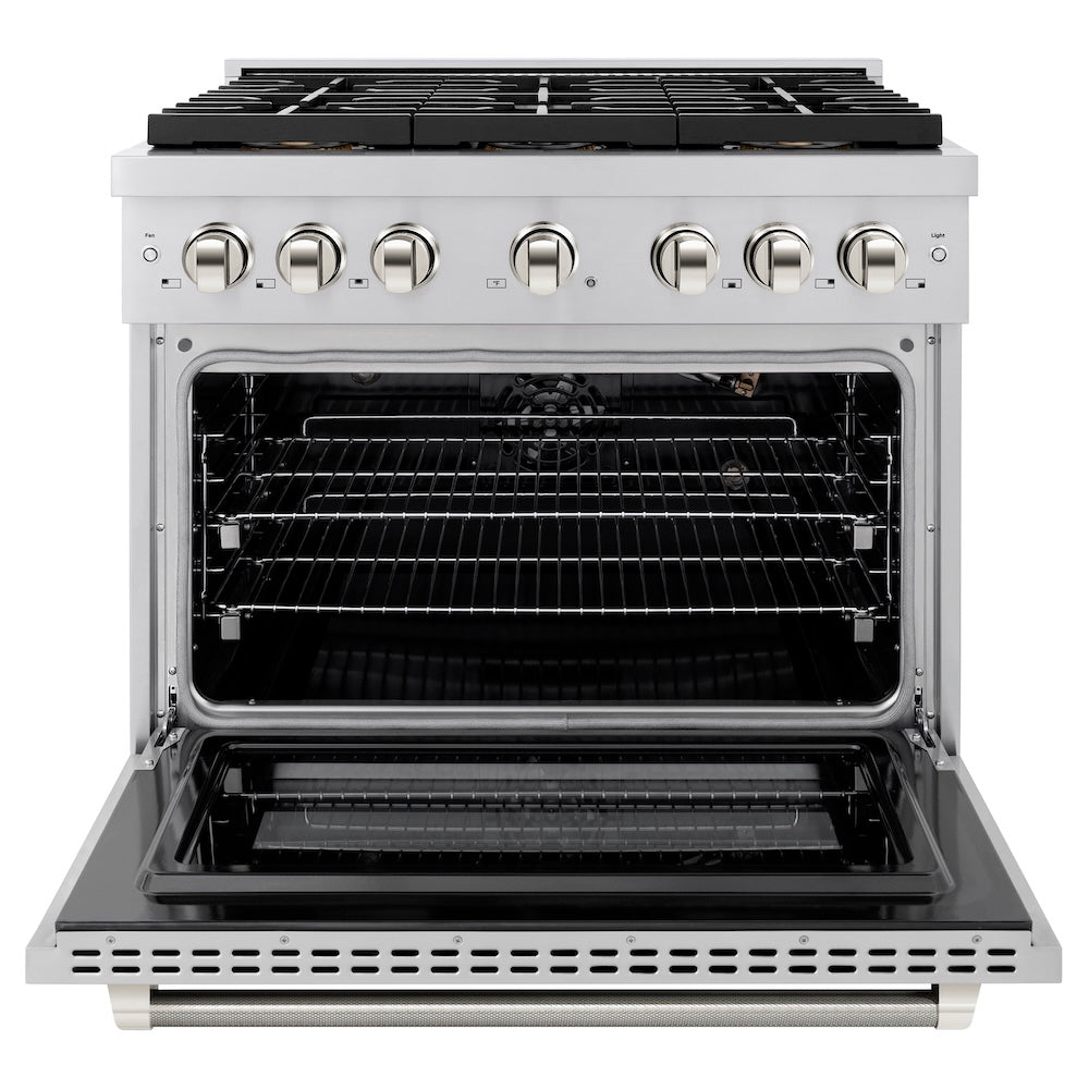 ZLINE Autograph Edition 36 in. 5.2 cu. ft. Paramount Gas Range with 6 Burner DuoPro™ Cooktop and Convection Gas Oven in Stainless Steel with Polished Nickel Helix Handle and Accents (PSGRZ-36-KPN) front, oven open.