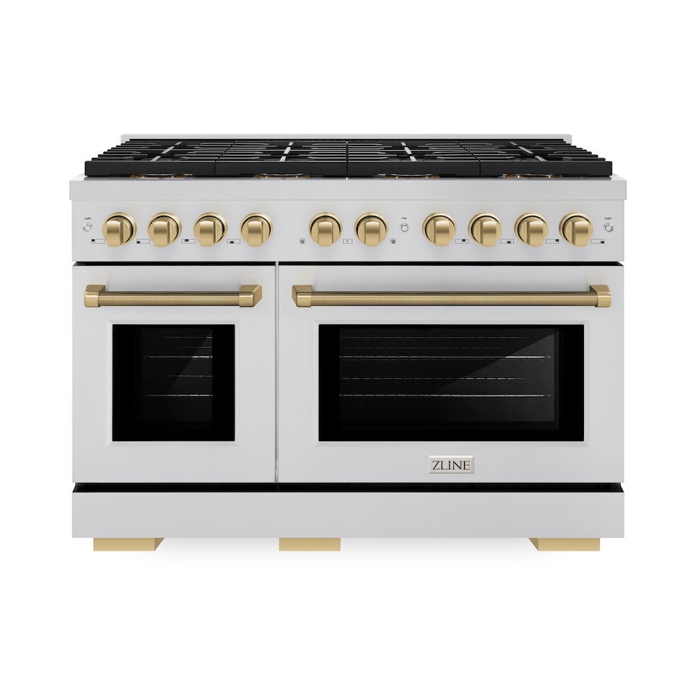 ZLINE Autograph Edition 48 in. 6.7 cu. ft. Paramount Gas Range with 8 Burner DuoPro™ Cooktop and Dual Ovens in Stainless Steel with Champagne Bronze Helix Handles and Accents (PSGRZ-48-KCB) front.