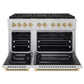 ZLINE Autograph Edition 48 in. 6.7 cu. ft. Paramount Gas Range with 8 Burner DuoPro™ Cooktop and Dual Ovens in Stainless Steel with Champagne Bronze Helix Handles and Accents (PSGRZ-48-KCB) front, oven open.