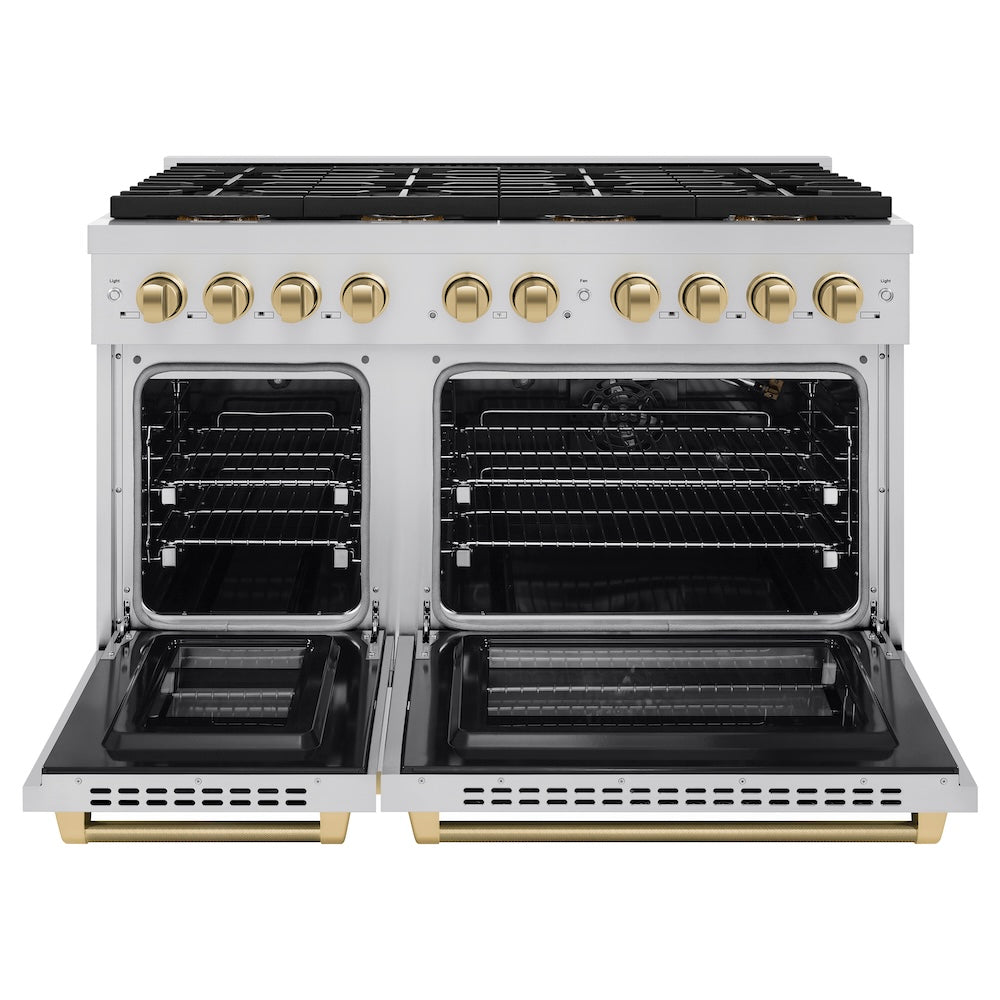 ZLINE Autograph Edition 48 in. 6.7 cu. ft. Paramount Gas Range with 8 Burner DuoPro™ Cooktop and Dual Ovens in Stainless Steel with Champagne Bronze Helix Handles and Accents (PSGRZ-48-KCB) front, oven open.