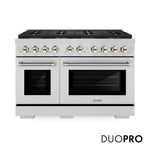 ZLINE Autograph Edition 48 in. 6.7 cu. ft. Paramount Gas Range with 8 Burner DuoPro™ Cooktop and Dual Ovens in Stainless Steel with Polished Gold Helix Handles and Accents (PSGRZ-48-KG) front, with DuoPro™ logo.