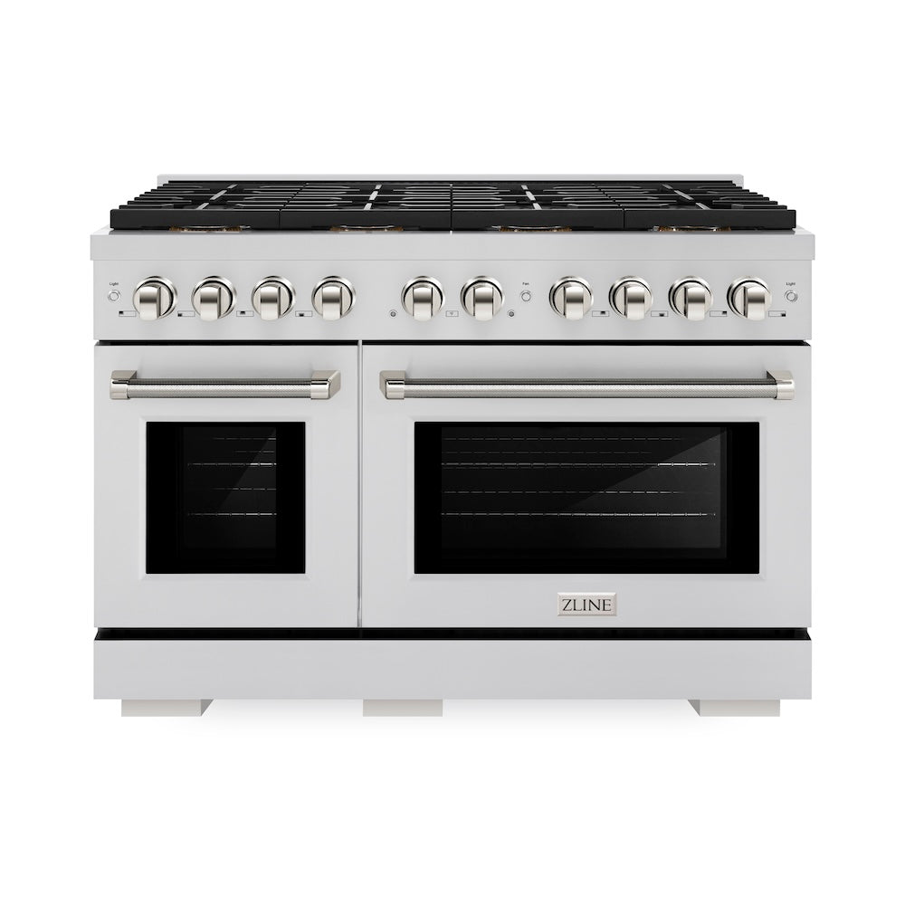ZLINE Autograph Edition 48 in. 6.7 cu. ft. Paramount Gas Range with 8 Burner DuoPro™ Cooktop and Dual Ovens in Stainless Steel with Polished Gold Helix Handles and Accents (PSGRZ-48-KG) front.