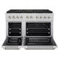 ZLINE Autograph Edition 48 in. 6.7 cu. ft. Paramount Gas Range with 8 Burner DuoPro™ Cooktop and Dual Ovens in Stainless Steel with Polished Gold Helix Handles and Accents (PSGRZ-48-KG) front, oven open.