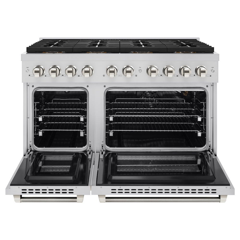 ZLINE Autograph Edition 48 in. 6.7 cu. ft. Paramount Gas Range with 8 Burner DuoPro™ Cooktop and Dual Ovens in Stainless Steel with Polished Gold Helix Handles and Accents (PSGRZ-48-KG) front, oven open.