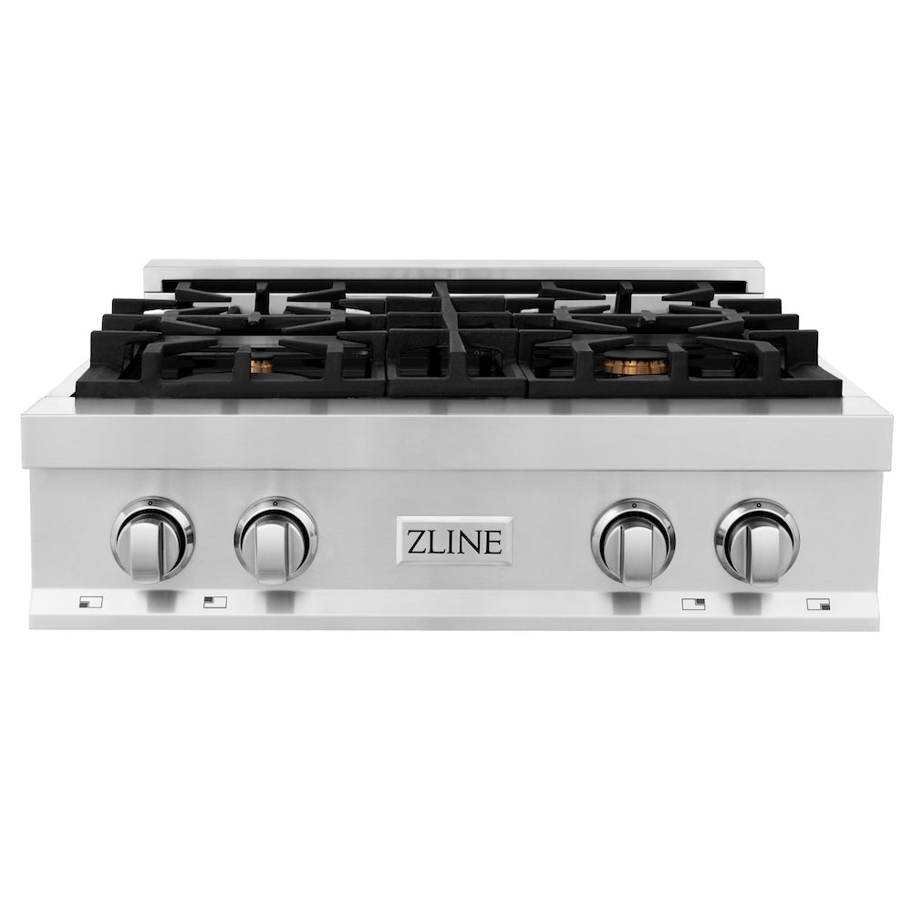 ZLINE 30 in. Legacy Gas Rangetop with 4 Brass Burners and Porcelain Cooktop in Stainless Steel with Griddle (RT-BR-GR-30) front.