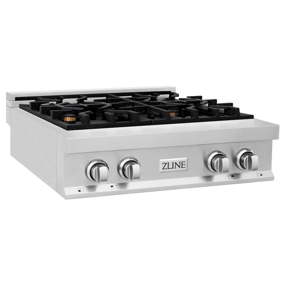 ZLINE 30 in. Legacy Gas Rangetop with 4 Brass Burners and Porcelain Cooktop in Stainless Steel with Griddle (RT-BR-GR-30) side.