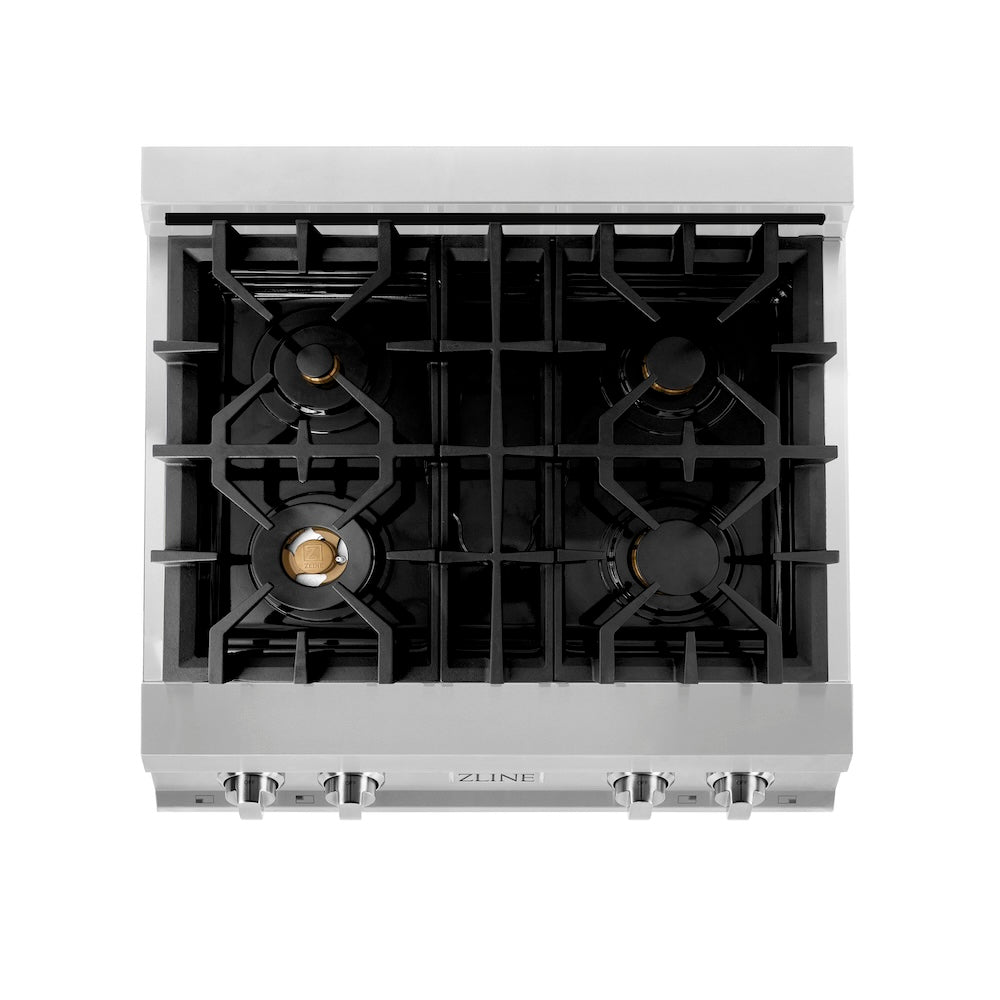 ZLINE 30 in. Legacy Gas Rangetop with 4 Brass Burners and Porcelain Cooktop in Stainless Steel (RT-BR-30) from above, showing cooking surface.