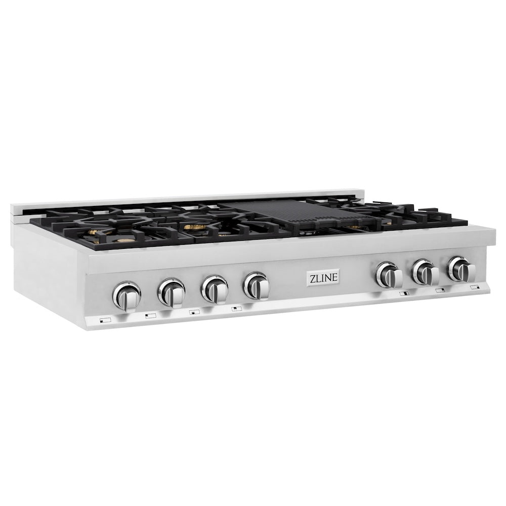ZLINE 48 in. Porcelain Gas Stovetop with 7 Gas Brass Burners and Griddle (RT-BR-48) side, main.