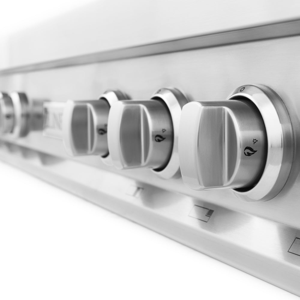 ZLINE 48 in. Legacy Gas Rangetop with 7 Burners and Porcelain Cooktop in Stainless Steel (RT48) close-up, knobs.