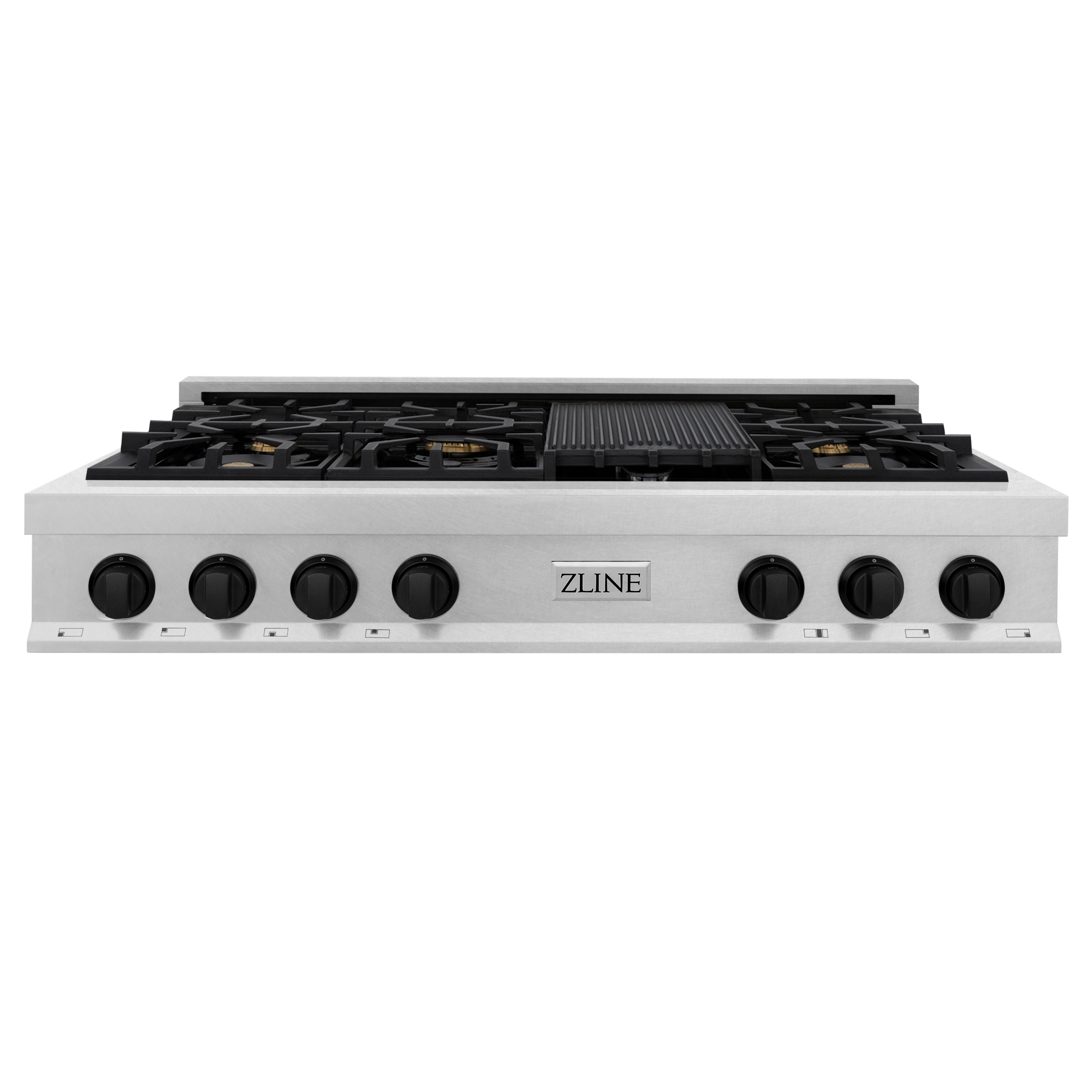 ZLINE Autograph Edition 48 in. Porcelain Rangetop with 7 Gas Burners in DuraSnow Stainless Steel and Matte Black Accents (RTSZ-48-MB)