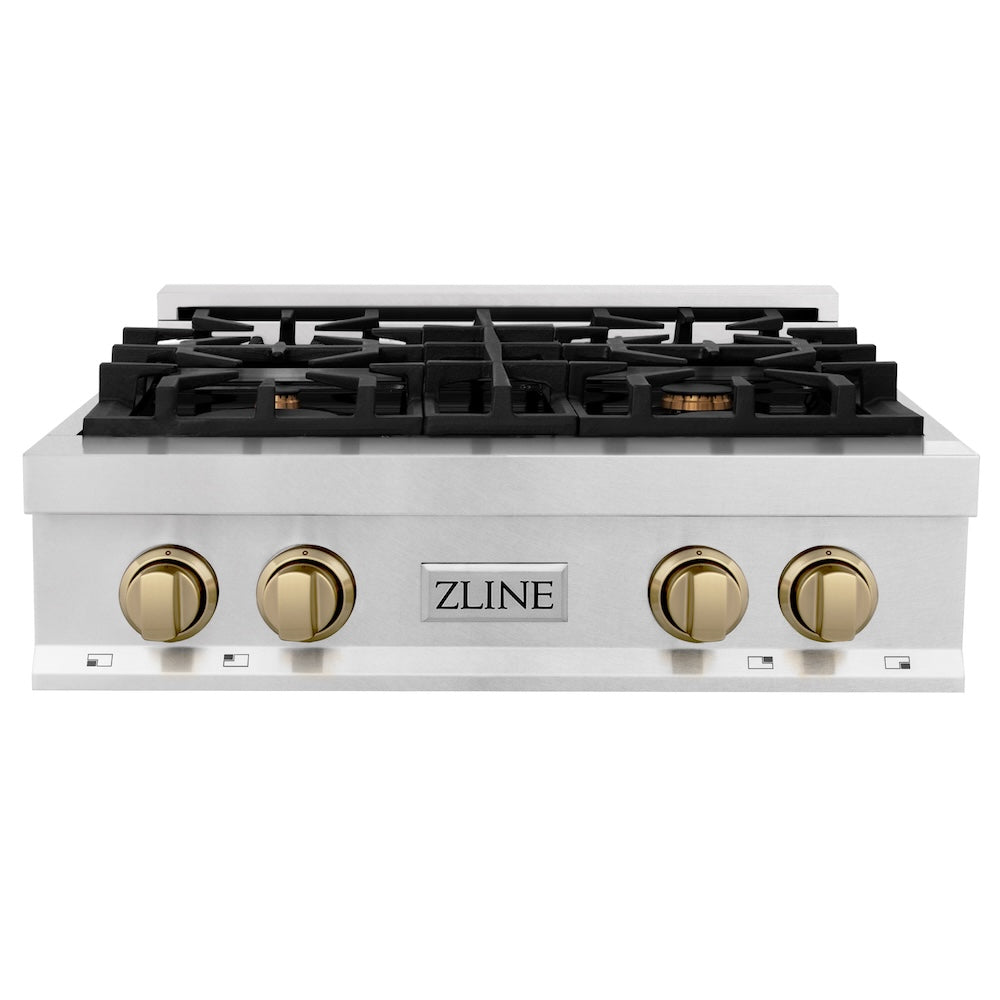 ZLINE Autograph Edition 30 in. Porcelain Rangetop with 4 Gas Burners in DuraSnow® Stainless Steel with Champagne Bronze Accents (RTSZ-30-CB) front.