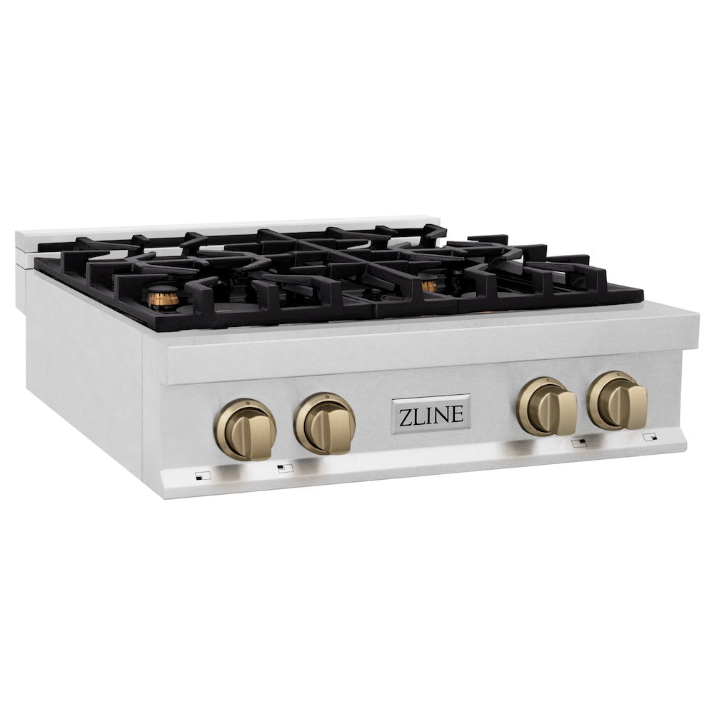 ZLINE Autograph Edition 30 in. Porcelain Rangetop with 4 Gas Burners in DuraSnow® Stainless Steel with Champagne Bronze Accents (RTSZ-30-CB) side, main.