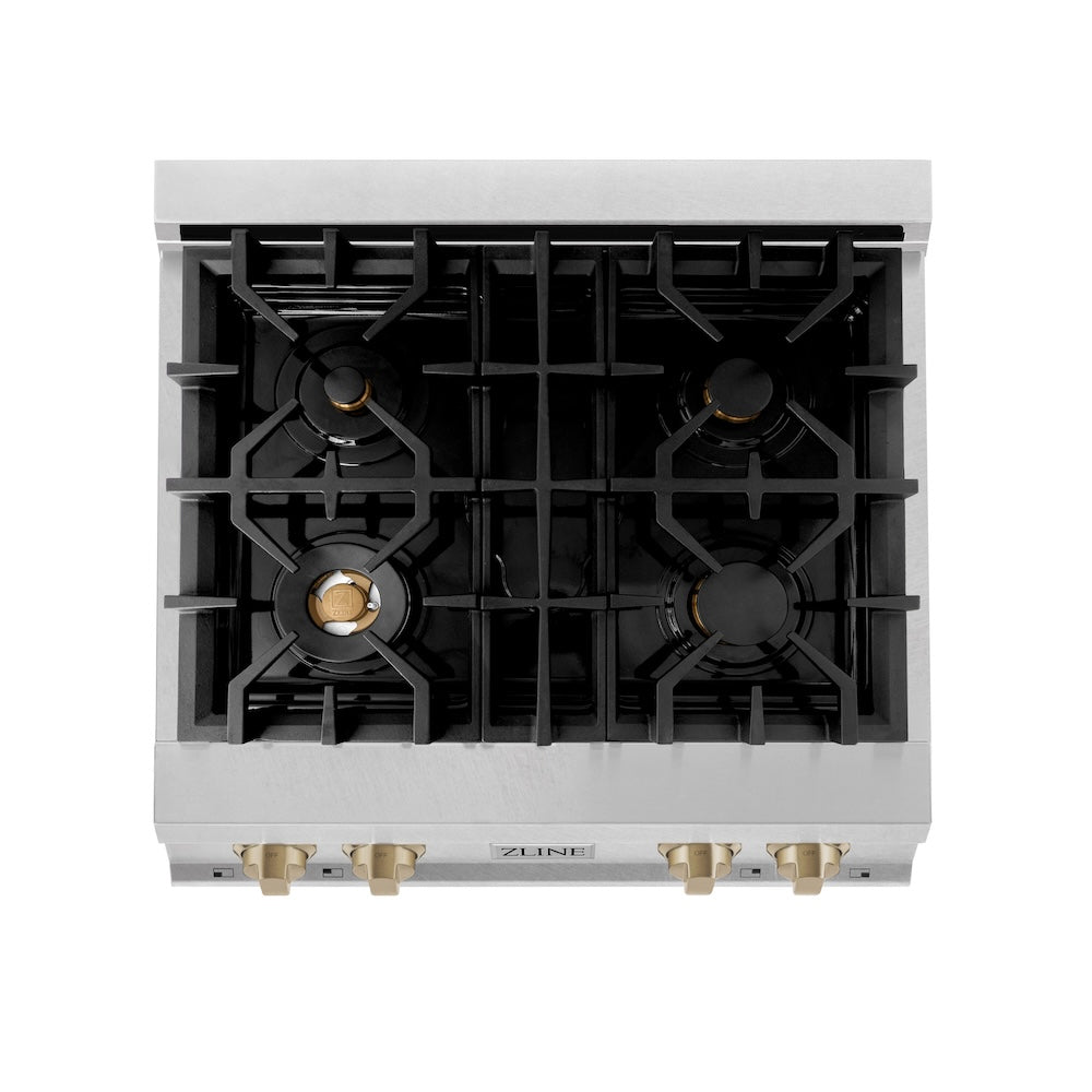ZLINE Autograph Edition 30 in. Porcelain Rangetop with 4 Gas Burners in DuraSnow® Stainless Steel with Champagne Bronze Accents (RTSZ-30-CB) from above, showing cooking surface.