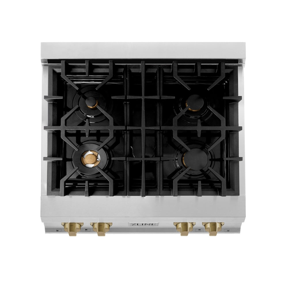 ZLINE Autograph Edition 30 in. Porcelain Rangetop with 4 Gas Burners in Stainless Steel and Champagne Bronze Accents (RTZ-30-CB) from above, showing burners and cast-iron grates on cooktop.