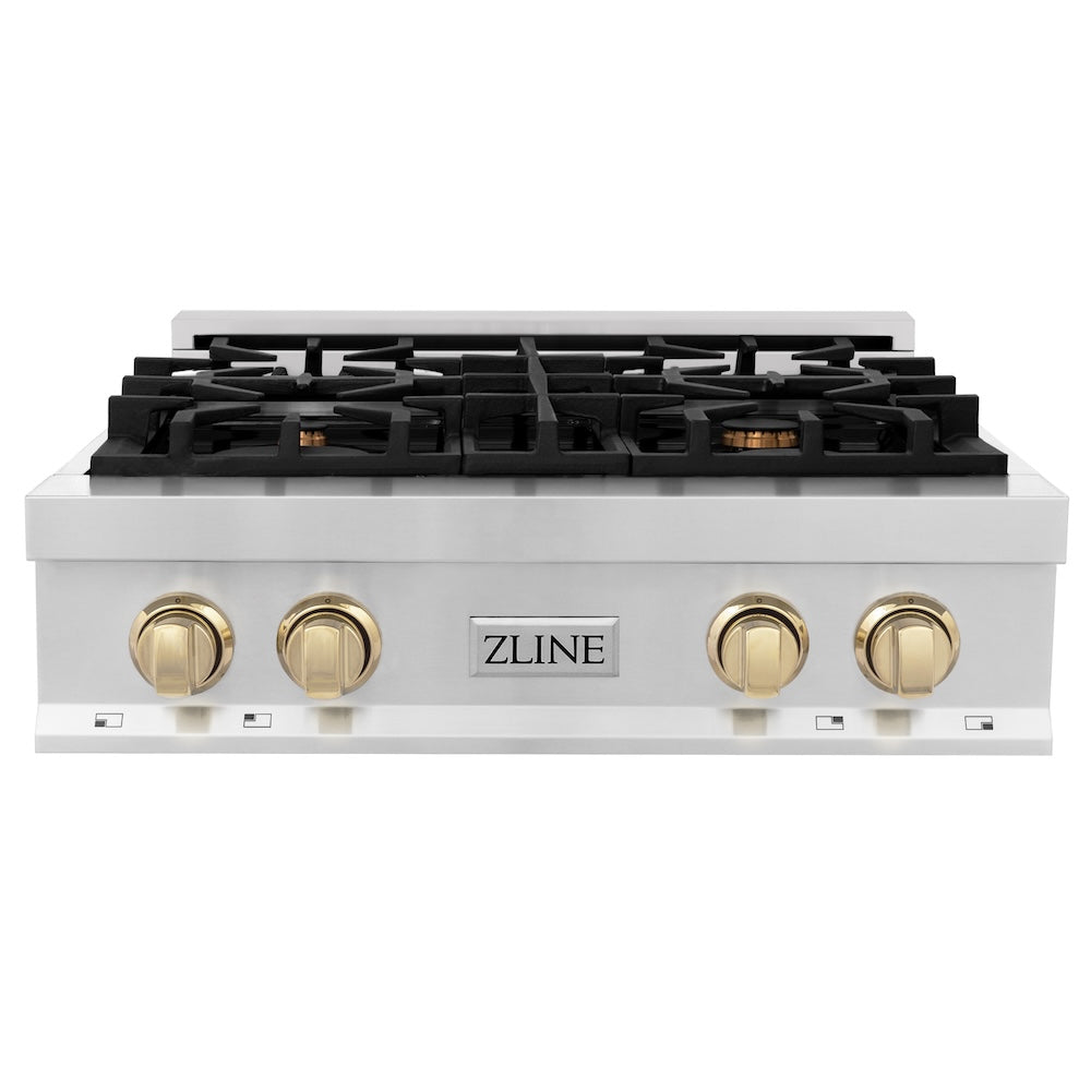 ZLINE Autograph Edition 30 in. Porcelain Rangetop with 4 Gas Burners in Stainless Steel and Polished Gold Accents (RTZ-30-G) front.