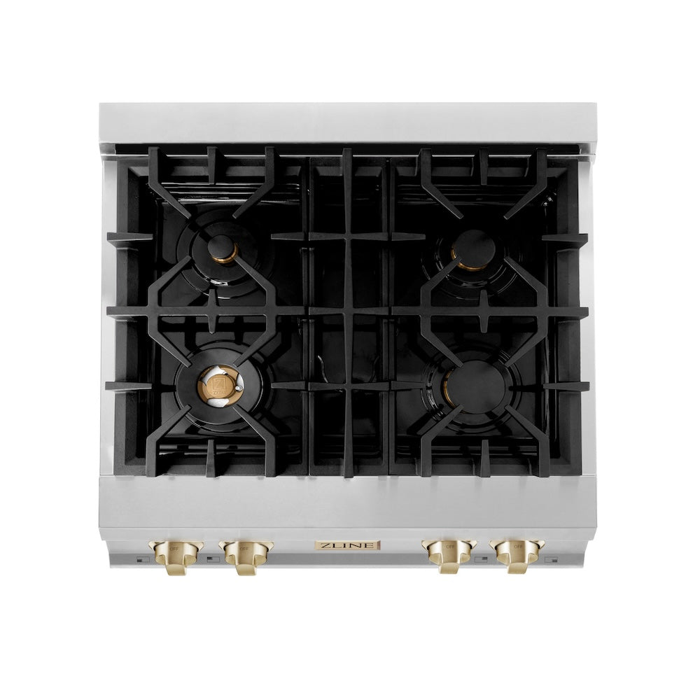 ZLINE Autograph Edition 30 in. Legacy Gas Rangetop with 4 Burners and Porcelain Cooktop in Stainless Steel with Polished Gold Accents (RTZ-30-G) from above, showing cooking surface.