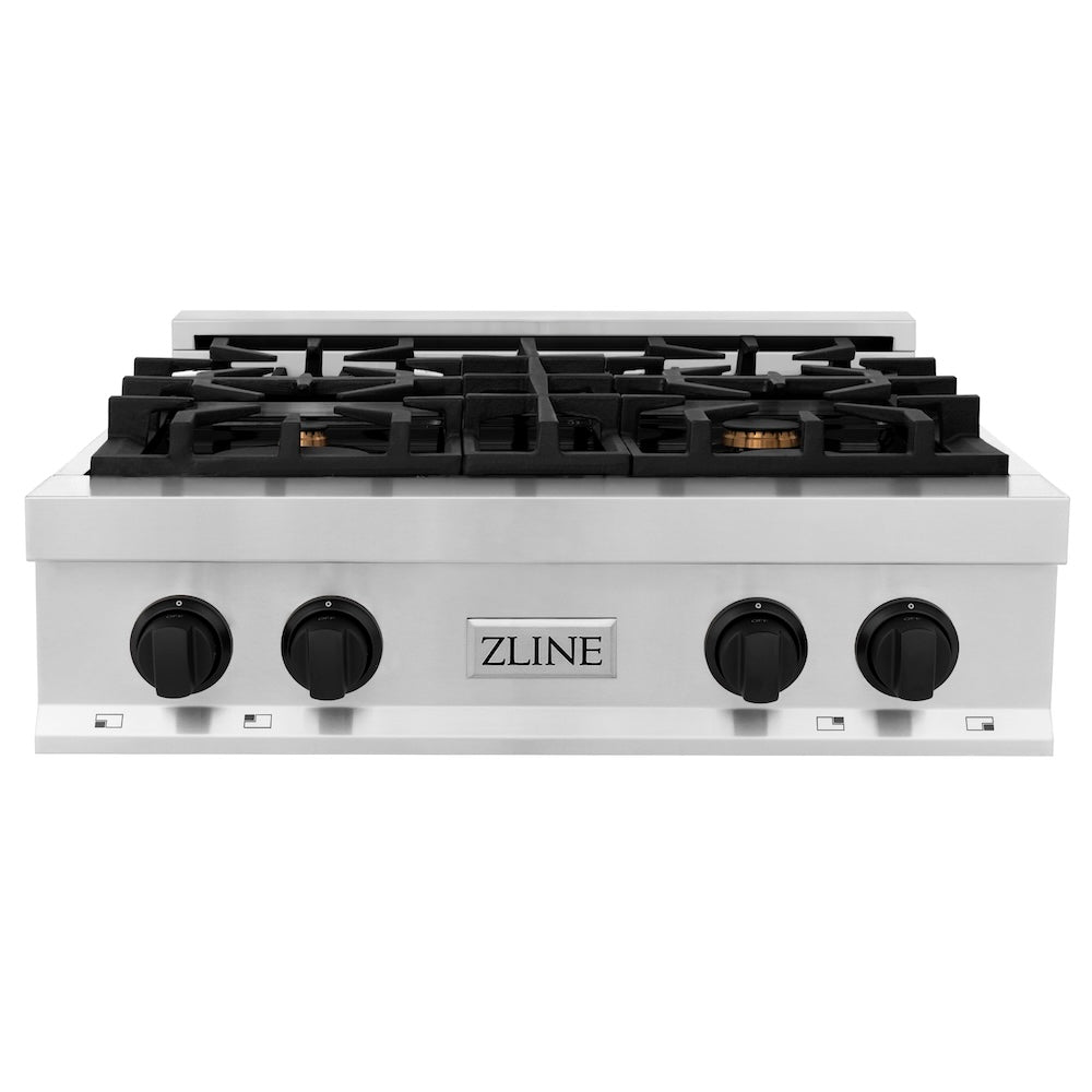 ZLINE Autograph Edition 30 in. Legacy Gas Rangetop with 4 Burners and Porcelain Cooktop in Stainless Steel with Matte Black Accents (RTZ-30-MB) front.