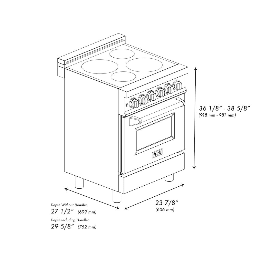 ZLINE 24 in. 2.8 cu. ft. Induction Range with a 4 Element Stove and Electric Oven in Stainless Steel (RAIND-24) dimensional diagram with measurements.