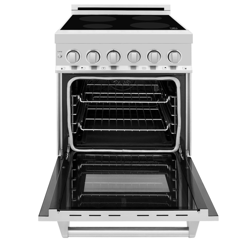 ZLINE 24 in. 2.8 cu. ft. Induction Range with a 4 Element Stove and Electric Oven in Stainless Steel (RAIND-24) front, oven open.