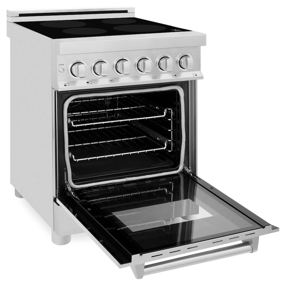 ZLINE 24 in. 2.8 cu. ft. Induction Range with a 4 Element Stove and Electric Oven in Stainless Steel (RAIND-24) side, oven open.