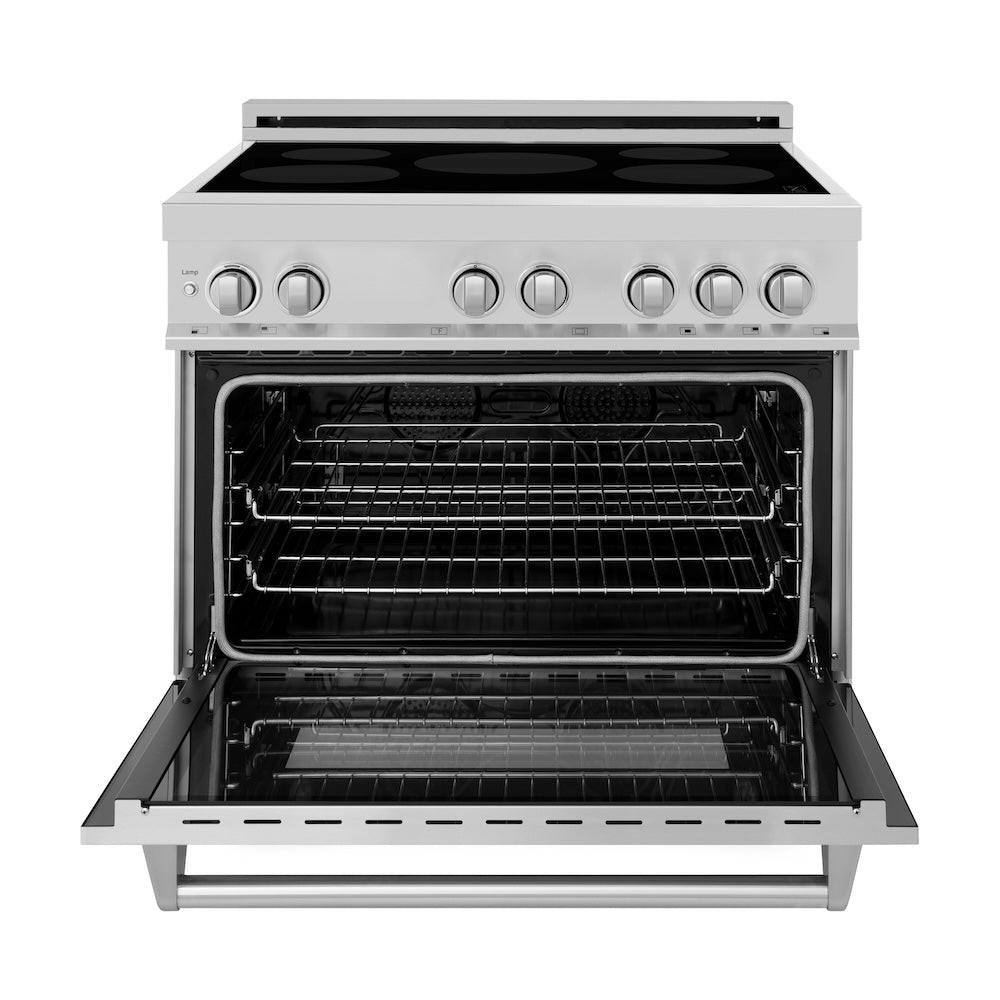 ZLINE 36 in. 4.6 cu. ft. Legacy Induction Range with 5 Element Cooktop and Electric Convection Oven in Stainless Steel (RAIND-36) front, oven open.