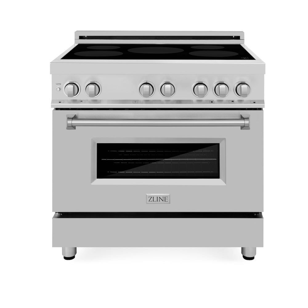 ZLINE 36 in. 4.6 cu. ft. Legacy Induction Range with 5 Element Cooktop and Electric Convection Oven in Stainless Steel (RAIND-36) front, oven closed.