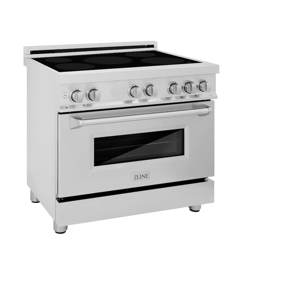 ZLINE 36 in. 4.6 cu. ft. Legacy Induction Range with 5 Element Cooktop and Electric Convection Oven in Stainless Steel (RAIND-36) side, oven closed.