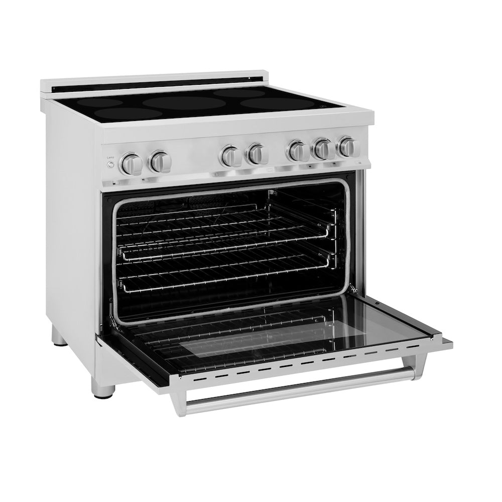 ZLINE 36 in. 4.6 cu. ft. Induction Range with a 5 Element Stove and Electric Oven in Stainless Steel (RAIND-36) side, oven open.