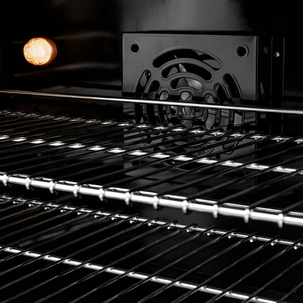 ZLINE 30 in. 4.2 cu. ft. Paramount Induction Range with 4 Element Cooktop and Electric Convection Oven in Stainless Steel with Black Matte Door (SINR-BLM-30) convection fan and lighting inside oven.