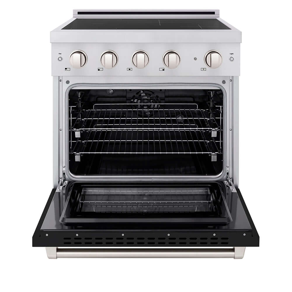 ZLINE 30 in. 4.2 cu. ft. Paramount Induction Range with 4 Element Cooktop and Electric Convection Oven in Stainless Steel with Black Matte Door (SINR-BLM-30) front, oven open.