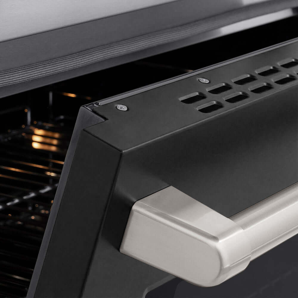 ZLINE 30 in. 4.2 cu. ft. Paramount Induction Range with 4 Element Cooktop and Electric Convection Oven in Stainless Steel with Black Matte Door (SINR-BLM-30) oven door slightly open showing handle detail.