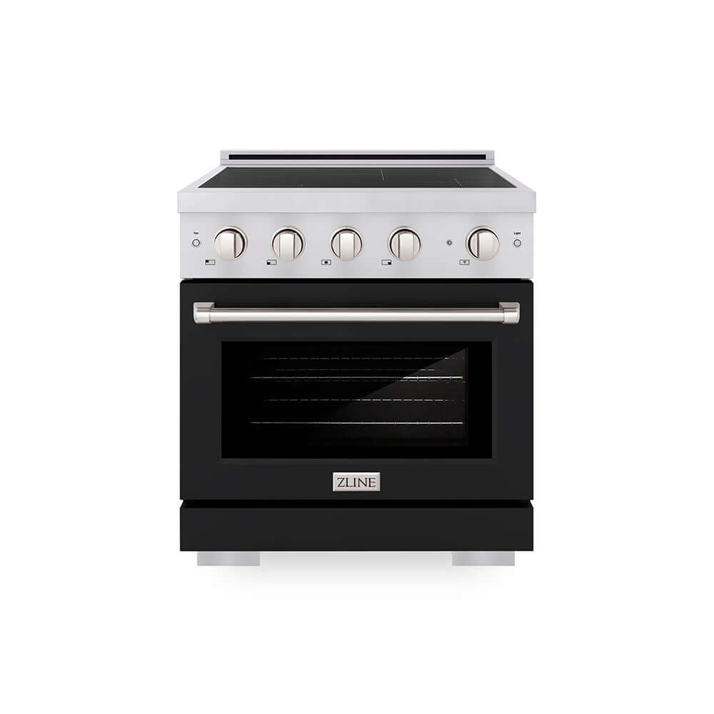 ZLINE 30 in. 4.2 cu. ft. Paramount Induction Range with 4 Element Cooktop and Electric Convection Oven in Stainless Steel with Black Matte Door (SINR-BLM-30) main image.