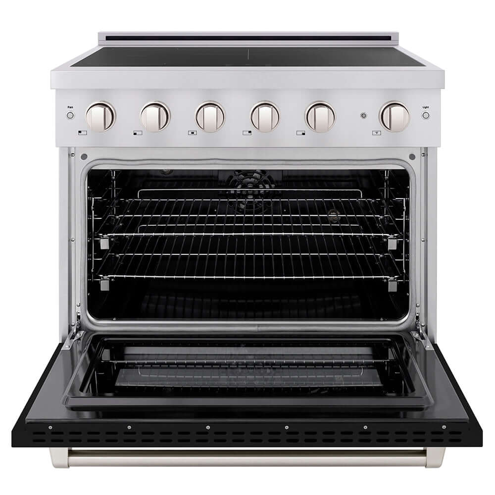 ZLINE 36 in. 5.2 cu. ft. Paramount Induction Range with 5 Element Cooktop and Electric Convection Oven in Stainless Steel with Black Matte Door (SINR-BLM-36) front, oven open.