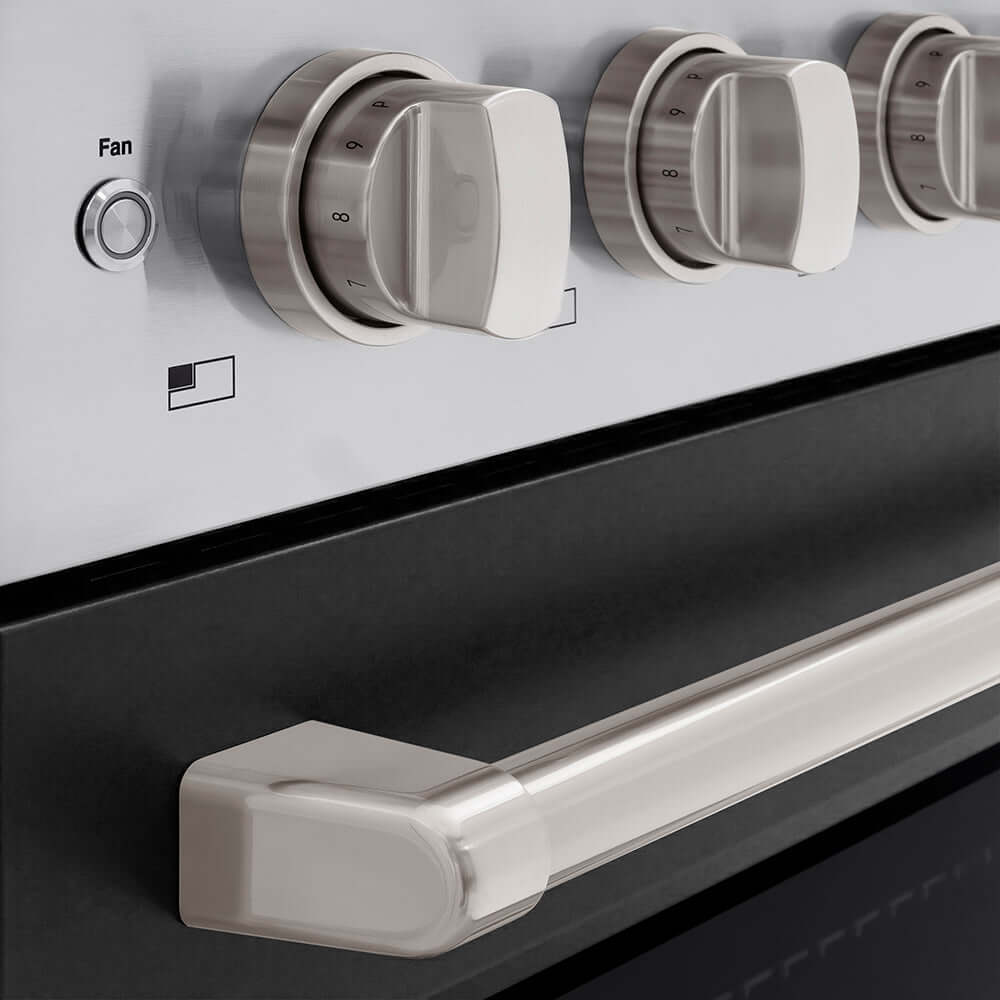 ZLINE 36 in. 5.2 cu. ft. Paramount Induction Range with 5 Element Cooktop and Electric Convection Oven in Stainless Steel with Black Matte Door (SINR-BLM-36) close-up of oven and cooktop knob controls.