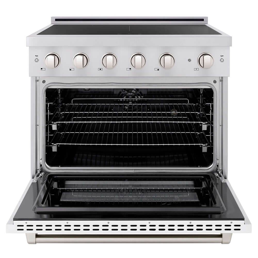ZLINE 36 in. 5.2 cu. ft. Paramount Induction Range with 5 Element Cooktop and Electric Convection Oven in Stainless Steel with White Matte Door (SINR-WM-36) front, oven open.